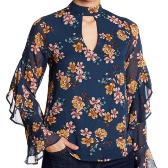 Lily White Tops - Lily White Floral Ruffle Sleeve Blouse